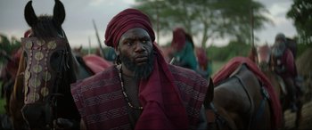 Movie still from “The Woman King” (2022), directed by Gina Prince-Bythewood – A man with a beard wearing a turban; Close Up shot, Over the shoulder angle