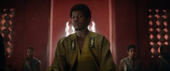 Movie still from “The Woman King” (2022), directed by Gina Prince-Bythewood – A black man in a yellow and black robe; Medium shot, Low angle
