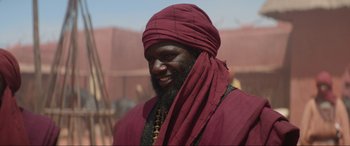 Movie still from “The Woman King” (2022), directed by Gina Prince-Bythewood – A man with a beard and a red turban; Close Up shot, Low angle