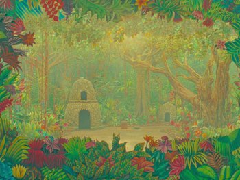 A painting of a forest with a stone structure in the middle