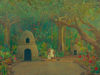 Movie still from “The Wonderful Story of Henry Sugar” (2023), directed by Wes Anderson – An oil painting of an outdoor scene with trees and bushes; Extreme Wide shot, Low angle