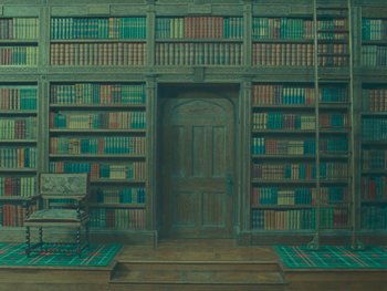 Movie still from “The Wonderful Story of Henry Sugar” (2023), directed by Wes Anderson – A library with many bookshelves and a green door; Wide shot, High angle