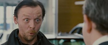 Movie still from “The World's End” (2013), directed by Edgar Wright – A person with his eyes wide open; Close Up shot, Low angle