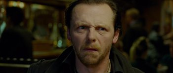 Movie still from “The World's End” (2013), directed by Edgar Wright – A person wearing a jacket; Close Up shot, Low angle