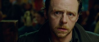 Movie still from “The World's End” (2013), directed by Edgar Wright – A person with a beard; Close Up shot, Over the shoulder angle