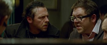 Movie still from “The World's End” (2013), directed by Edgar Wright – A man and a woman talking to each other; Close Up shot, Over the shoulder angle