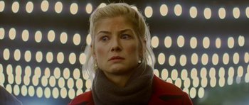Movie still from “The World's End” (2013), directed by Edgar Wright – A woman with blonde hair wearing a red jacket; Close Up shot, Low angle