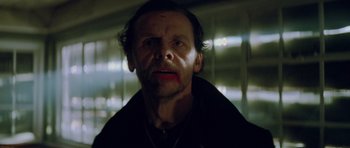 Movie still from “The World's End” (2013), directed by Edgar Wright – A person wearing a black jacket; Close Up shot, Low angle
