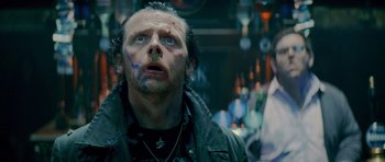 Movie still from “The World's End” (2013), directed by Edgar Wright – A person looking up at the sky; Close Up shot, Low angle