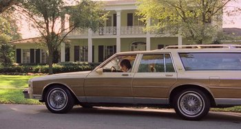Movie still from “There's Something About Mary” (1998), directed by Bobby Farrelly – A man driving a car in front of a large house; Wide shot, Low angle
