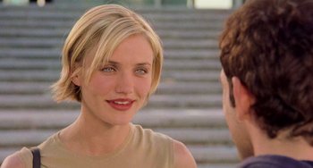 Movie still from “There's Something About Mary” (1998), directed by Bobby Farrelly – Cameron diaz in a scene from the movie sex and the city; Close Up shot, Over the shoulder angle