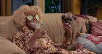 Movie still from “There's Something About Mary” (1998), directed by Bobby Farrelly – An older woman sitting on a couch with a dog; Medium shot, High angle