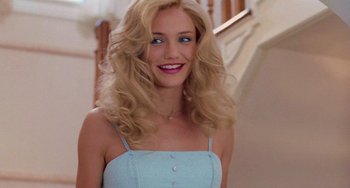 Movie still from “There's Something About Mary” (1998), directed by Bobby Farrelly – A woman with long blonde hair wearing a light blue dress; Close Up shot, Over the shoulder angle