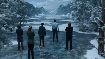 Movie still from “Escape Room” (2019), directed by Adam Robitel – A group of people standing on a frozen lake; Extreme Wide shot, High angle