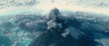 Movie still from “Thor” (2011), directed by Kenneth Branagh – A view of a mountain from a plane window; Extreme Wide shot, High angle