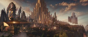 Movie still from “Thor” (2011), directed by Kenneth Branagh – An image of a city with a lot of buildings in the background; Extreme Wide shot, High angle