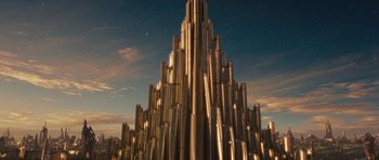 Movie still from “Thor” (2011), directed by Kenneth Branagh – A tall building made out of metal tubes; Extreme Wide shot, Low angle