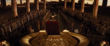 Movie still from “Thor” (2011), directed by Kenneth Branagh – A crowd of people standing in a large room; Extreme Wide shot, High angle