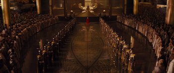 Movie still from “Thor” (2011), directed by Kenneth Branagh – A group of people standing in front of a crowd; Extreme Wide shot, High angle