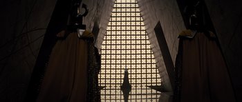 Movie still from “Thor” (2011), directed by Kenneth Branagh – A room with a large window with a light shining through it; Extreme Wide shot, Low angle