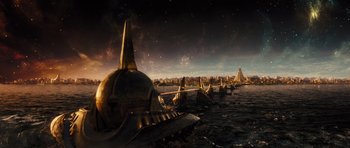 Movie still from “Thor” (2011), directed by Kenneth Branagh – An image of an alien ship in the water; Extreme Wide shot, High angle