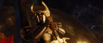 Movie still from “Thor” (2011), directed by Kenneth Branagh – A statue of a man holding a sword; Close Up shot, Low angle