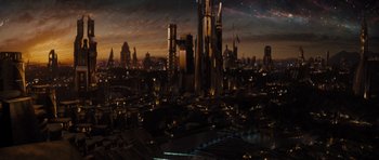Movie still from “Thor” (2011), directed by Kenneth Branagh – An image of a large city at night time; Extreme Wide shot, Overhead angle