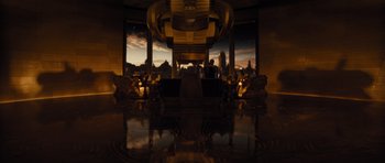 Movie still from “Thor” (2011), directed by Kenneth Branagh – A room filled with lots of windows with a view of a city; Extreme Wide shot, High angle