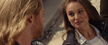 Movie still from “Thor” (2011), directed by Kenneth Branagh – A man and a woman looking at one another; Close Up shot, Over the shoulder angle