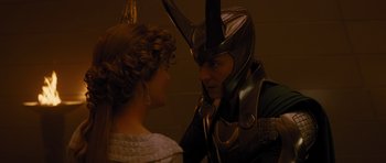 Movie still from “Thor” (2011), directed by Kenneth Branagh – A man and a woman are dressed as thor and jane foster; Close Up shot, Over the shoulder angle