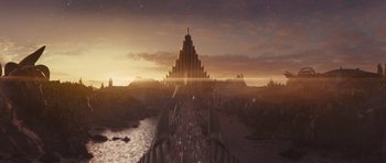 Movie still from “Thor” (2011), directed by Kenneth Branagh – An image of an image of a city in the middle of the night; Extreme Wide shot, High angle