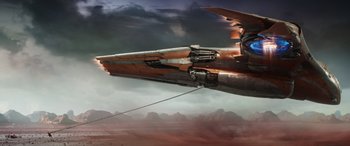 Movie still from “Thor: Love and Thunder” (2022), directed by Taika Waititi – An image of an airplane that is flying in the sky; Extreme Wide shot, Low angle