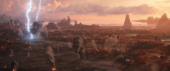 Movie still from “Thor: Love and Thunder” (2022), directed by Taika Waititi – An image of an alien landscape with a volcano in the background; Extreme Wide shot, High angle