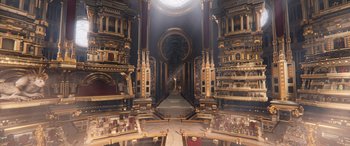 Movie still from “Thor: Love and Thunder” (2022), directed by Taika Waititi – A very large room with a lot of gold; Extreme Wide shot, High angle