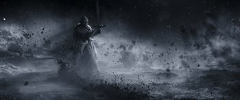 Movie still from “Thor: Love and Thunder” (2022), directed by Taika Waititi – An image of a man that is standing in the dark; Extreme Wide shot, Low angle