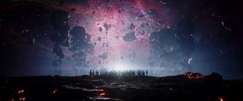 Movie still from “Thor: Love and Thunder” (2022), directed by Taika Waititi – A group of people standing on top of a hill; Extreme Wide shot, High angle