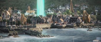 Movie still from “Thor: Love and Thunder” (2022), directed by Taika Waititi – An image of a city with a light in the background; Extreme Wide shot, High angle