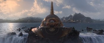 Movie still from “Thor: Ragnarok” (2017), directed by Taika Waititi – An image of an alien spaceship in the water; Extreme Wide shot, Low angle
