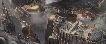 Movie still from “Thor: Ragnarok” (2017), directed by Taika Waititi – An aerial view of an ancient city with a lot of buildings; Extreme Wide shot, High angle