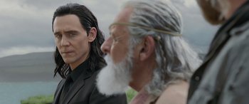 Movie still from “Thor: Ragnarok” (2017), directed by Taika Waititi – A man with long hair and a man with a long beard; Close Up shot, Over the shoulder angle