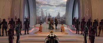 Movie still from “Thor: Ragnarok” (2017), directed by Taika Waititi – Wide shot, Over the shoulder angle