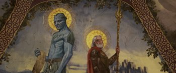 Movie still from “Thor: Ragnarok” (2017), directed by Taika Waititi – A painting of two people with a beard and a beard; Medium shot, Overhead angle