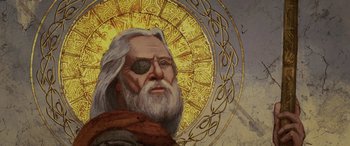 Movie still from “Thor: Ragnarok” (2017), directed by Taika Waititi – A painting of an old man wearing a pirate eye patch; Close Up shot, Low angle