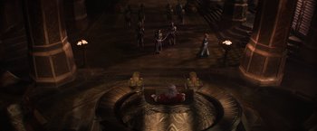 Movie still from “Thor: The Dark World” (2013), directed by Alan Taylor – A group of people standing in a room; Extreme Wide shot, High angle