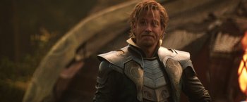 Movie still from “Thor: The Dark World” (2013), directed by Alan Taylor – A person wearing a costume; Medium shot, Over the shoulder angle