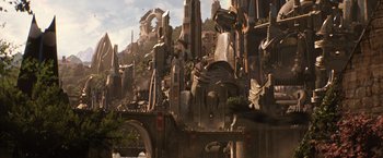 Movie still from “Thor: The Dark World” (2013), directed by Alan Taylor – An image of a city that looks like a castle; Extreme Wide shot, High angle