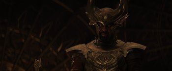 Movie still from “Thor: The Dark World” (2013), directed by Alan Taylor – A person wearing a costume; Medium shot, Over the shoulder angle