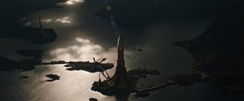 Movie still from “Thor: The Dark World” (2013), directed by Alan Taylor – An image of an object in the middle of the night; Extreme Wide shot, Overhead angle