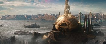 Movie still from “Thor: The Dark World” (2013), directed by Alan Taylor – A view of the ocean from a boat; Extreme Wide shot, High angle