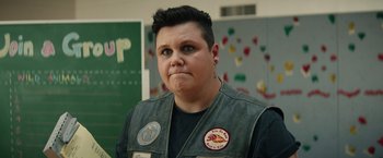 Movie still from “Timmy Failure: Mistakes Were Made” (2020), directed by Tom McCarthy – A person with a patch on their chest; Close Up shot, Over the shoulder angle